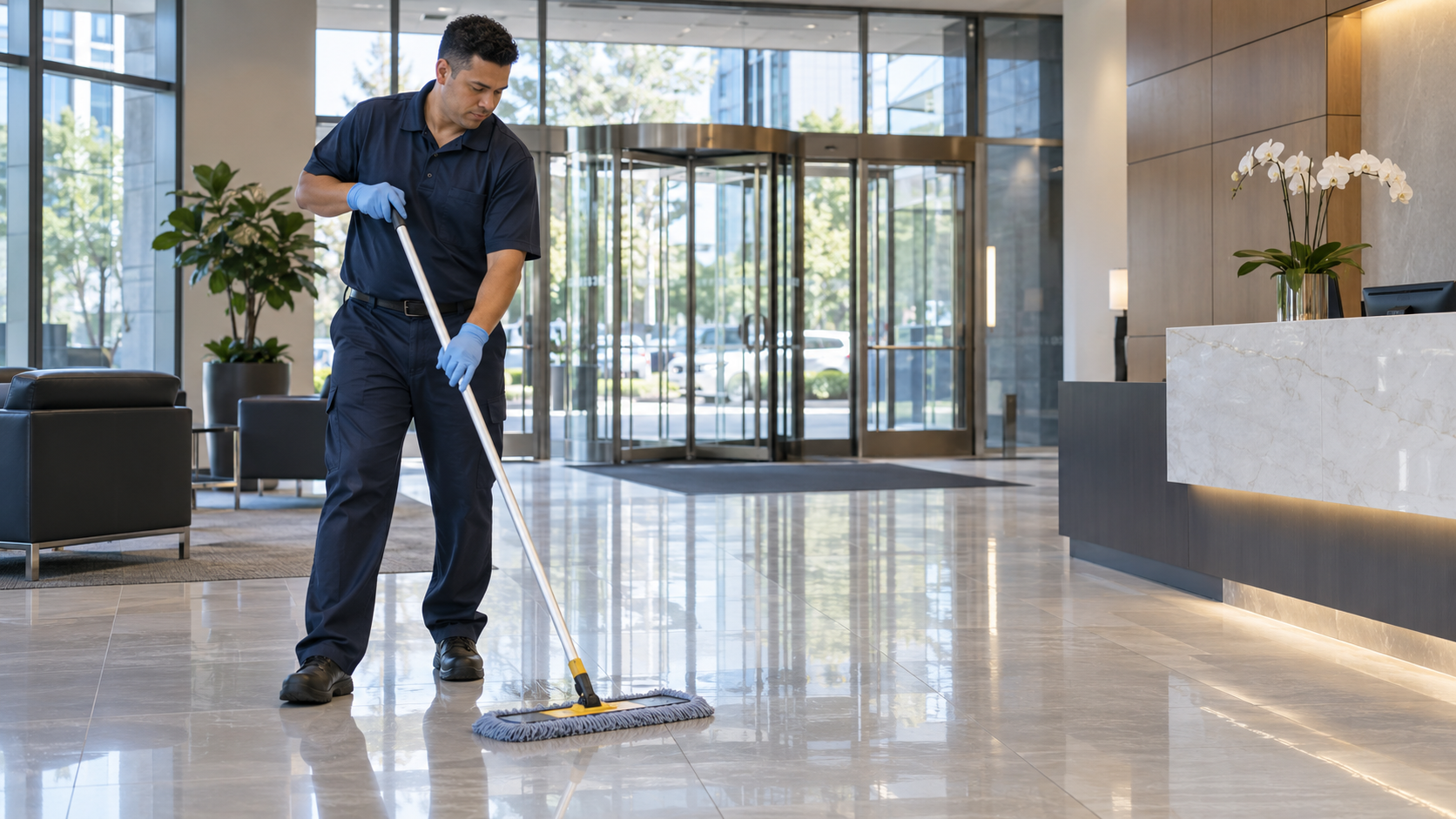Uniformed cleaner mopping a floor in a commercial office lobby